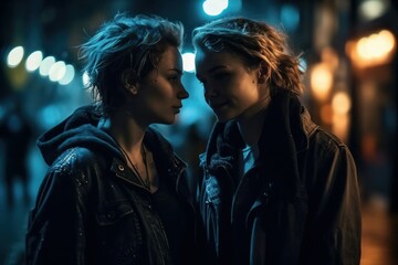 Young lesbian couple in their moment of intimacy at night in the street. AI generated, human enhanced