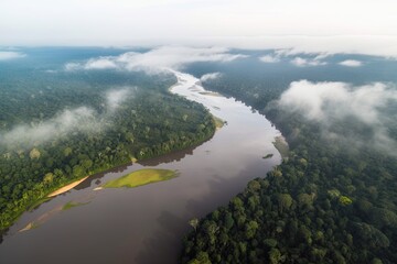 Wall Mural - aerial view of the amazonas, with misty forest and winding rivers, created with generative ai