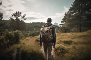 Wall Mural - person, hiking through nature with backpack in view, created with generative ai