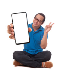 Wall Mural - Asian man looking to camera, smiling and showing empty blank white copy space phone mock up template