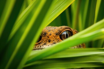 Poster - frogs face peeking through the foliage of a plant. Generative AI