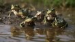 a group of frogs jumping and playing in a muddy marsh illustrations, ai art