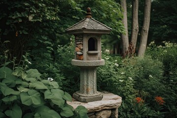 Wall Mural - birdhouse perched on stone pillar surrounded by greenery, created with generative ai