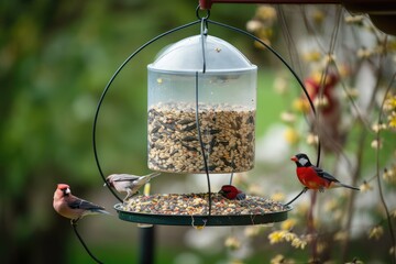 Wall Mural - bird feeder with sunflower seeds, attracting cardinals and other common birds, created with generative ai
