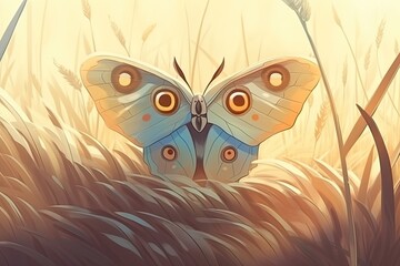 Wall Mural - colorful butterfly perched on a blade of grass in a sunny field. Generative AI