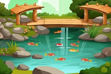 Canvas Print - serene pond with a wooden bridge and colorful fish swimming in it. Generative AI