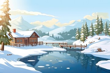 Wall Mural - winter cabin by a frozen river in a snowy landscape. generative ai