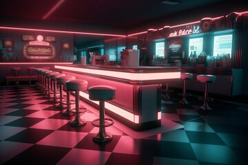 Retro diner interior with tile floor, neon illumination, vintage arcade machine and bar stools. 3d i