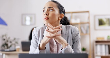 Wall Mural - Stress, migraine or business woman with headache pain due to burnout fatigue in a corporate company. Female accountant, anxiety or tired person depressed or frustrated by audit in workspace by laptop