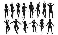 Group People Dancing Silhouette Set. Figure Happy Active Young Men And Women Simple Cartoon Collection. Club Party Dancer Different Poses, Happy Girls, Boys Shape, Shadow. Vector Birthday Celebration
