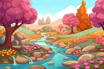 Poster - serene landscape with a flowing river and lush trees. Generative AI