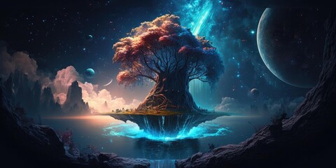 Wall Mural - fantasy fairytale sphere island floating in universe of night sky. superlative generative ai image.