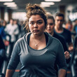 Overweight woman staring intently into the camera while working out in a gym on a treadmill-generative AI