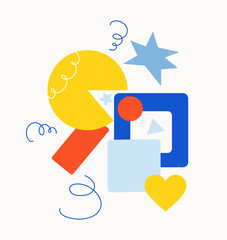 Wall Mural - geometric objects set. red rectangle, blue square and yellow heart. minimalist creativity and art. p