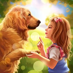 Wall Mural - portrait illustration of a girl and a golden dog