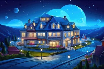 Canvas Print - dark blue house in a nocturnal setting. Generative AI