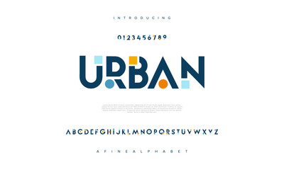 Wall Mural - Urban abstract digital technology logo font alphabet. Minimal modern urban fonts for logo, brand etc. Typography typeface uppercase lowercase and number. vector illustration