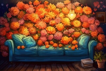 Canvas Print - floral couch painting. Generative AI