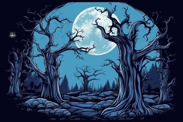 Wall Mural - serene forest scene with a glowing full moon in the background. Generative AI