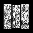 Silhouette of window and branches of bushes on black background.
