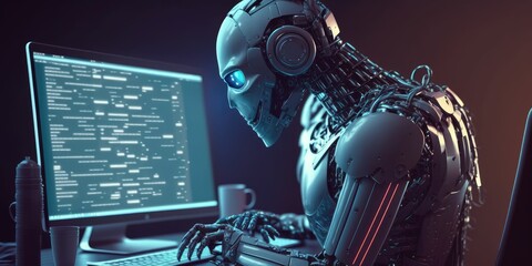 Wall Mural - artificial intelligence robot using computer software for gpt binary coding. distinct generative ai 