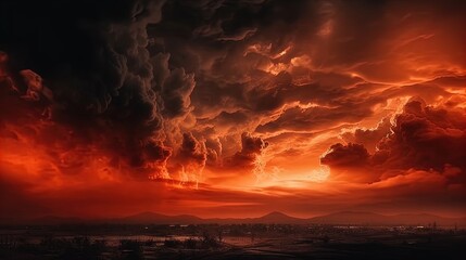 bright red sunset. dramatic evening sky with clouds. fiery skies with space for design. magic fantas