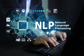programer or developer with laptops and nlp or natural language processing interfaces to communicate