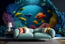 3D Underwater Colorful Fishes Living Room Wallpaper, 3d Illustration For Wall Decoration High Quality Wall Art. Generative AI