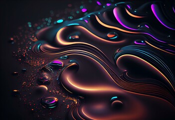 Black Banner with Iridescent Neon Accents. Ripples and Swirls create a Wavy Surface Texture. Generative AI
