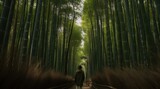 Fototapeta Dziecięca - The backside of a young person walking through a bamboo forest. Generative Ai.