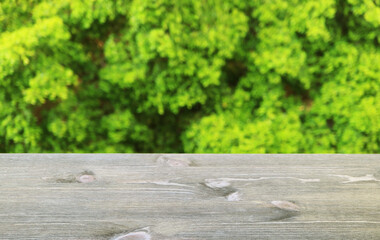 Closeup of wooden table top with blurry green tree foliage in the backdrop