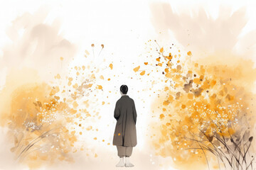 Wall Mural - A person leisurely stands as osmanthus flowers fall around them, depicted in a traditional Chinese painting style