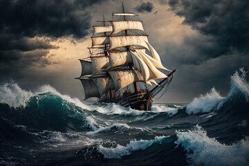 Wall Mural - sailing ship in rough sea with waves sailing in a storm, created with generative ai