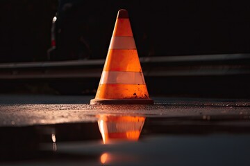 Wall Mural - close-up of traffic cone, with its reflective stripes and triangle visible, created with generative ai