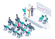 Isometric Vector Illustration On A White Background, People In Business Clothes Sit On Chairs Listening To The Presentation Of The Speaker And Looking At The Screen With A Chart, Business Conference