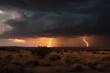 desert storm with lightning and thunder, illuminating the distant storm clouds, created with generative ai