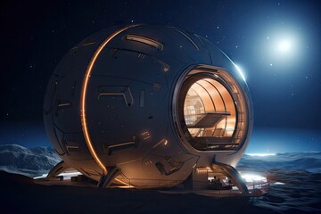 Wall Mural - a futuristic space habitat, with sleek and minimalist design, floating among the stars, created with generative ai