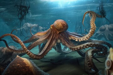 octopus kraken battling other sea monsters in epic underwater battle, created with generative ai