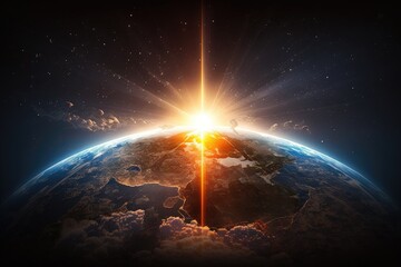 Wall Mural - a sun rising over a globe, with rays of light spreading out across the world., created with generati