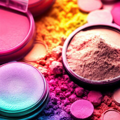 Colorful powdered makeup products: blush, powder and eyeshadow, generative ai