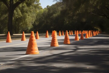 Wall Mural - traffic cones in line, forming straight and orderly path, created with generative ai