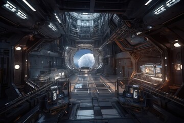 Wall Mural - a futuristic space station with open and airy interiors, surrounded by the expanse of the universe, created with generative ai