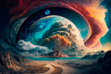 Wall Mural - Space digital artwork. Surreal fantasy cosmos. Nebula with planets and stars. Sci-fi elements. Glowing technology. Dark colorful universe. Concept of asteroids with moons and rocks sun. Generative AI.