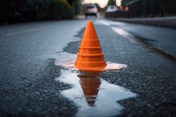 Wall Mural - a cone on the road surrounded by a pool of liquid, created with generative ai