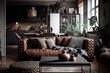 scandinavian boho interior with leopard print accents, leather furniture and brass accessories, created with generative ai