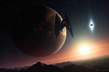 Wall Mural - view of exoplanet, with distant star in the background, and futuristic spaceship flying past, created with generative ai