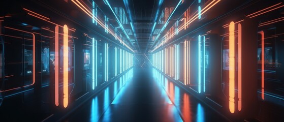 Poster - Long neon corridor, abstract tunnel colorful. Generative AI
