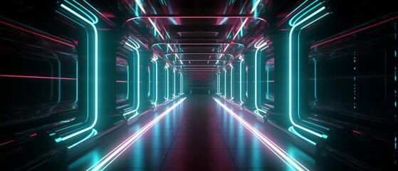 Poster - Long neon corridor, abstract tunnel colorful. Generative AI