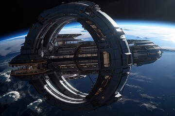 Wall Mural - an orbital station, with its view of the planet and stars, in a far-off future, created with generative ai