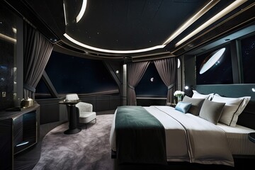 Wall Mural - bedroom with view of the stars and planets, in spaceship flying among them, created with generative ai